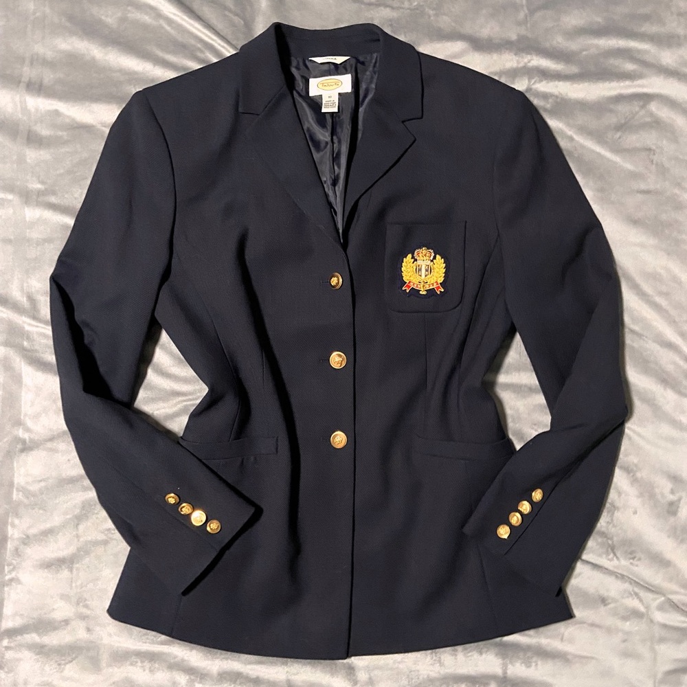 Women’s TALBOTS Navy Blue Wool Blazer Jacket / Gold Crest Size 10.